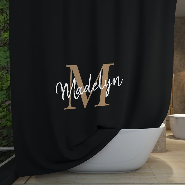 Elegant Black Gold Monogram Feminine Script Name Shower Curtain (Creator Uploaded)