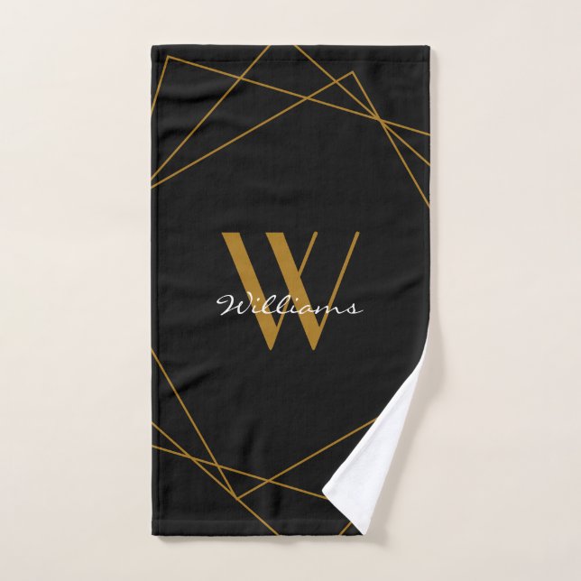 Elegant Black Gold Monogram Geometric Name Script Hand Towel (Hand Towel)