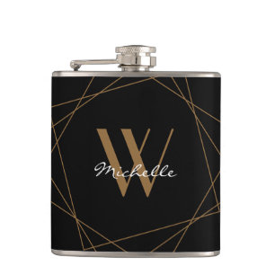 Elegant Black Gold Monogram Geometric Pattern Name Hip Flask