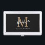 Elegant Black Gold Monogram Girly Script Name Business Card Holder<br><div class="desc">Elegant Black Gold Monogram Girly Script Name Business Card Case.Easily personalise this modern elegant business card case with your custom monogram and name.</div>