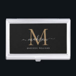 Elegant Black Gold Monogram Girly Script Name Business Card Holder<br><div class="desc">Elegant Black Gold Monogram Girly Script Name Business Card Case</div>