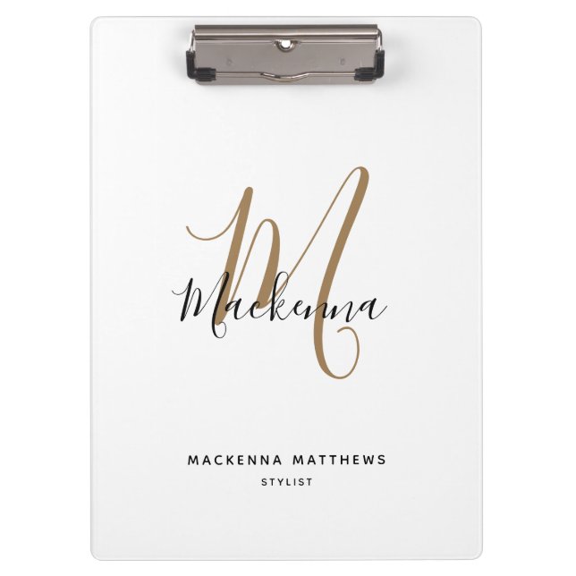 Elegant Black Gold Monogram Girly Script Name Clipboard (Front)
