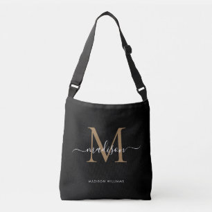 Elegant Black Gold Monogram Girly Script Name Crossbody Bag