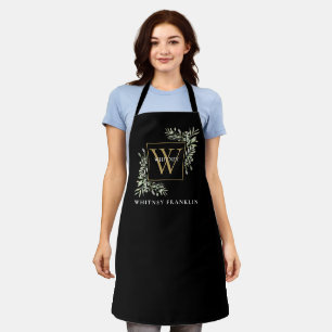 Elegant Black Gold Monogram Greenery Eucalyptus Apron