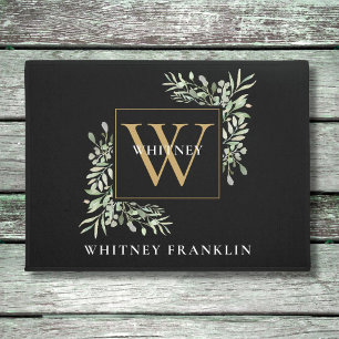 Elegant Black Gold Monogram Greenery Foliage Doormat