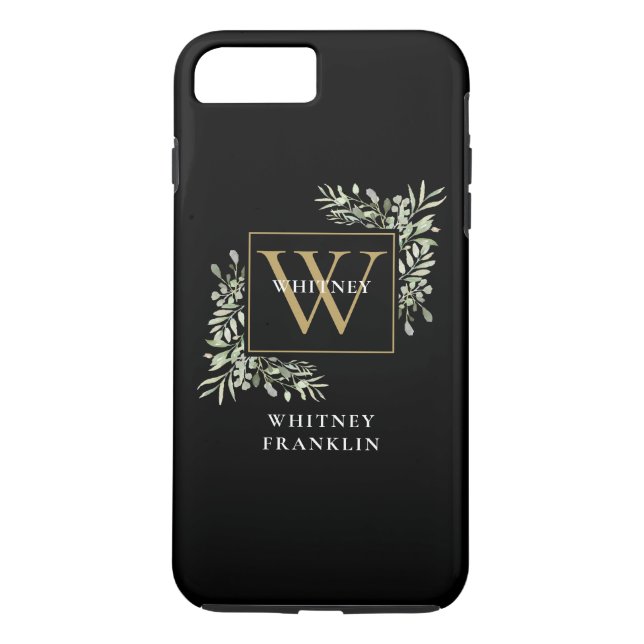 Elegant Black Gold Monogram Greenery Personalised Case-Mate iPhone Case (Back)