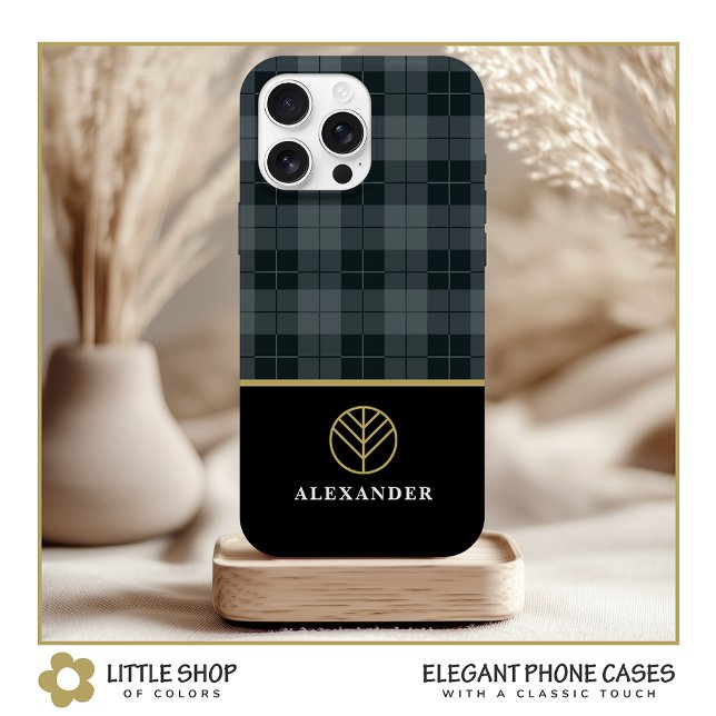 Elegant Black Gold Monogram Grey Plaid Tartan Case-Mate iPhone Case (Creator Uploaded)
