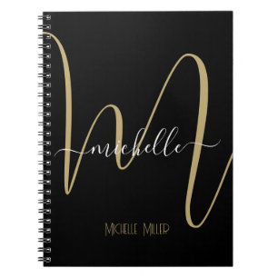 elegant black gold monogram initial business name notebook