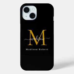Elegant Black Gold Monogram Initial Funny Script iPhone 15 Case