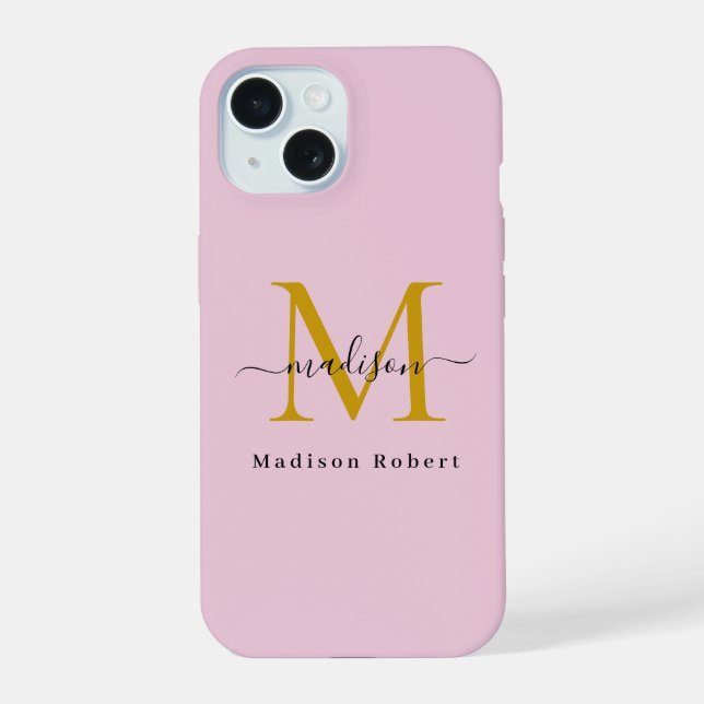 Elegant Black Gold Monogram Initial Funny Script iPhone 15 Case (Back)