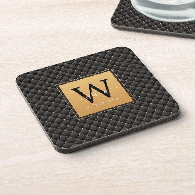 Elegant Black Gold Monogram Initial Script Modern Coaster (Left Side)