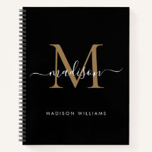 Elegant Black Gold Monogram Initial Script Name Notebook