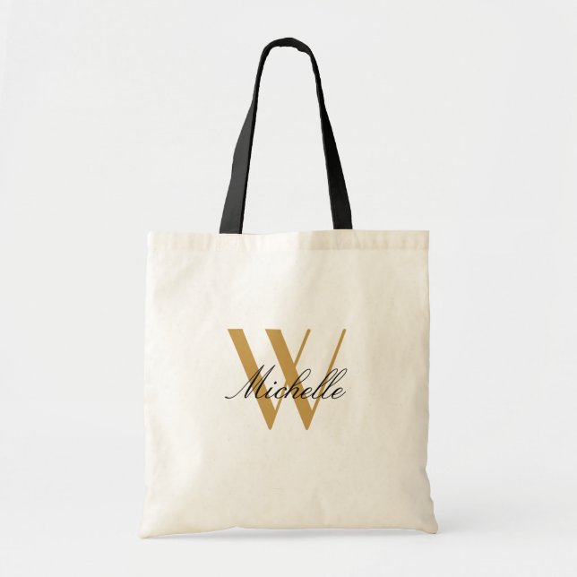 Elegant Black Gold Monogram Initial Script Name Tote Bag (Front)