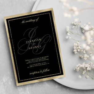 Elegant black gold monogram initials glam wedding invitation