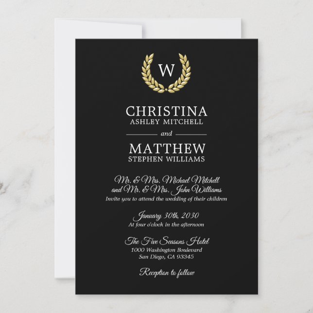 Elegant Black Gold Monogram Laurel Wedding Invitation (Front)