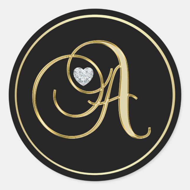 Elegant Black Gold Monogram Letter A Heart Diamond Classic Round Sticker (Front)