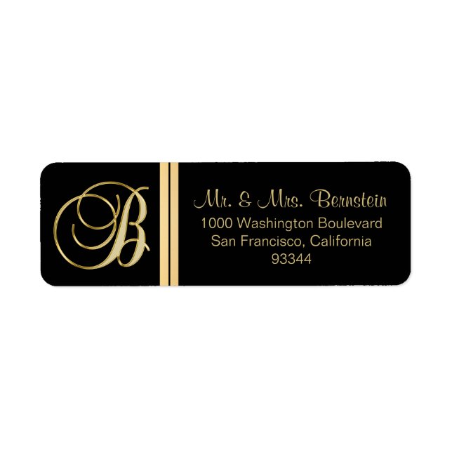 Elegant Black Gold Monogram Letter 'B' Return Address Label (Front)