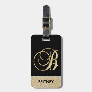 Elegant Black Gold Monogram Letter B with Name Luggage Tag