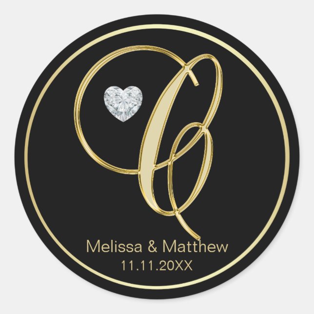 Elegant Black Gold Monogram Letter C Heart Diamond Classic Round Sticker (Front)