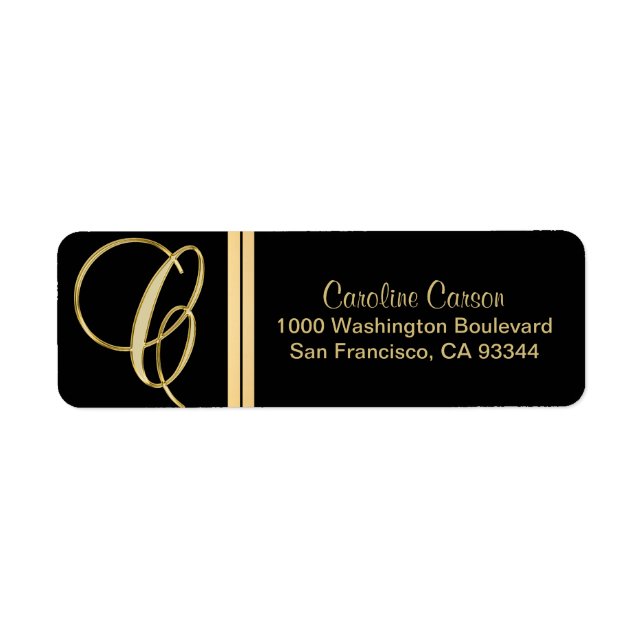 Elegant Black Gold Monogram Letter 'C' Return Address Label (Front)