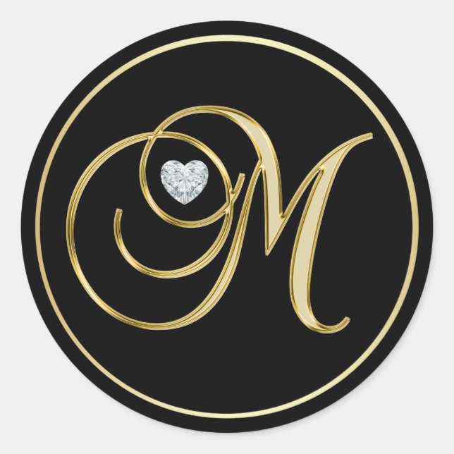 Elegant Black Gold Monogram Letter M Heart Diamond Classic Round Sticker (Front)