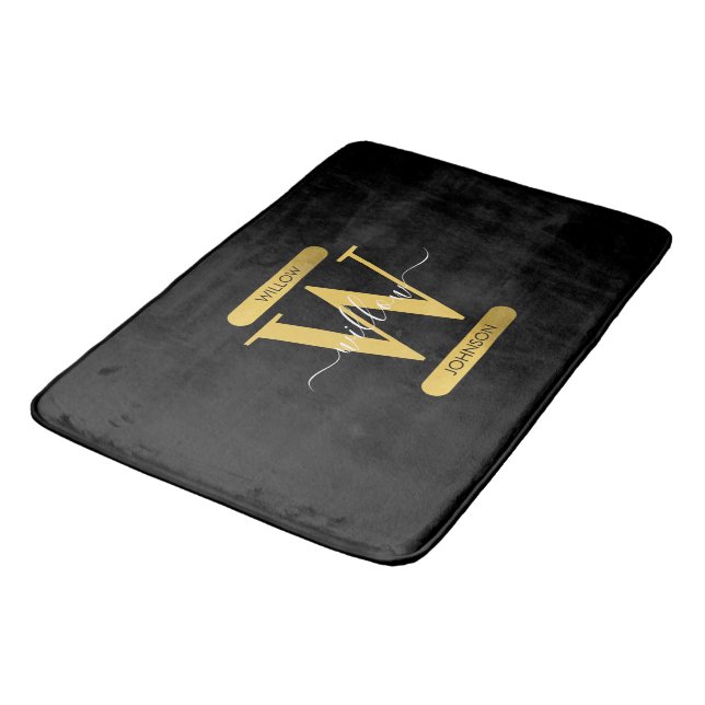 Elegant Black & Gold Monogram Modern Script Bath Mat (Angled)