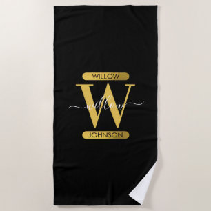 Elegant Black & Gold Monogram Modern Script  Beach Towel