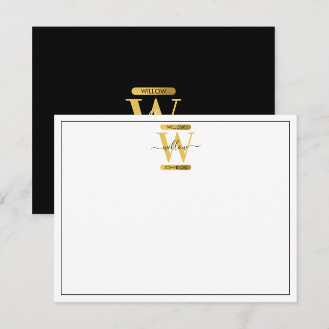 Elegant Black & Gold Monogram Modern Script Card (Front/Back)