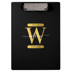 Elegant Black & Gold Monogram Modern Script Clipboard