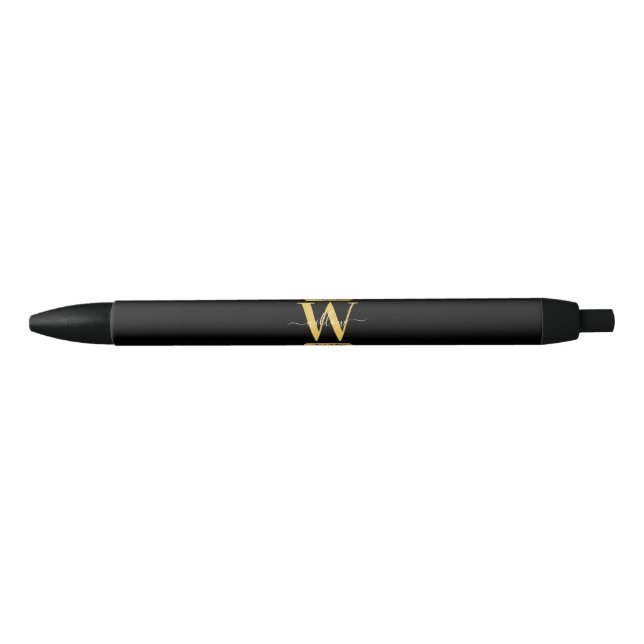 Elegant Black & Gold Monogram Modern Script Ink Pen (Front)