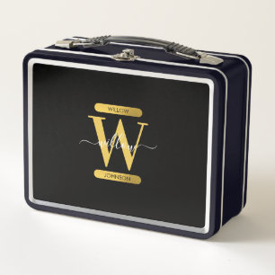 Elegant Black & Gold Monogram Modern Script Metal Lunch Box