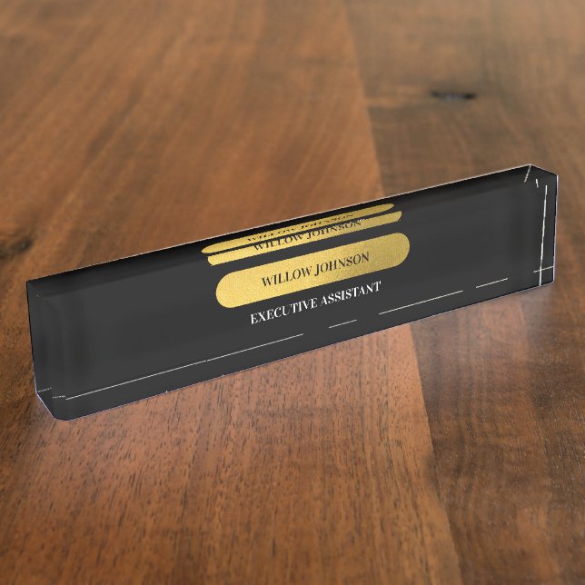 Elegant Black & Gold Monogram Modern Script Nameplate (Side)