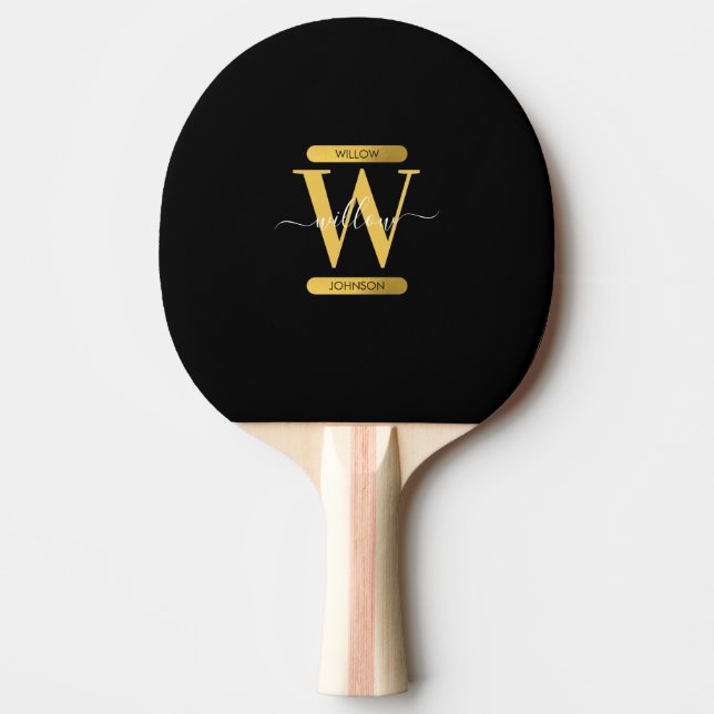 Elegant Black & Gold Monogram Modern Script  Ping Pong Paddle (Front)