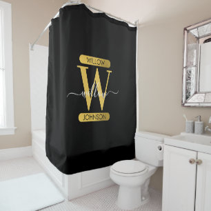 Elegant Black & Gold Monogram Modern Script Shower Curtain