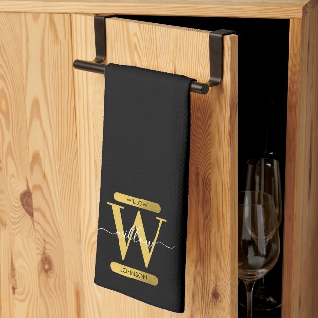 Elegant Black & Gold Monogram Modern Script  Tea Towel (Thirds Fold)