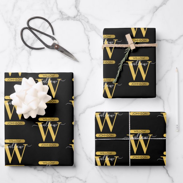 Elegant Black & Gold Monogram Modern Script   Wrapping Paper Sheet (Front)