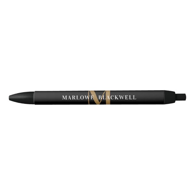 Elegant Black Gold Monogram Name Black Black Ink Pen (Front)