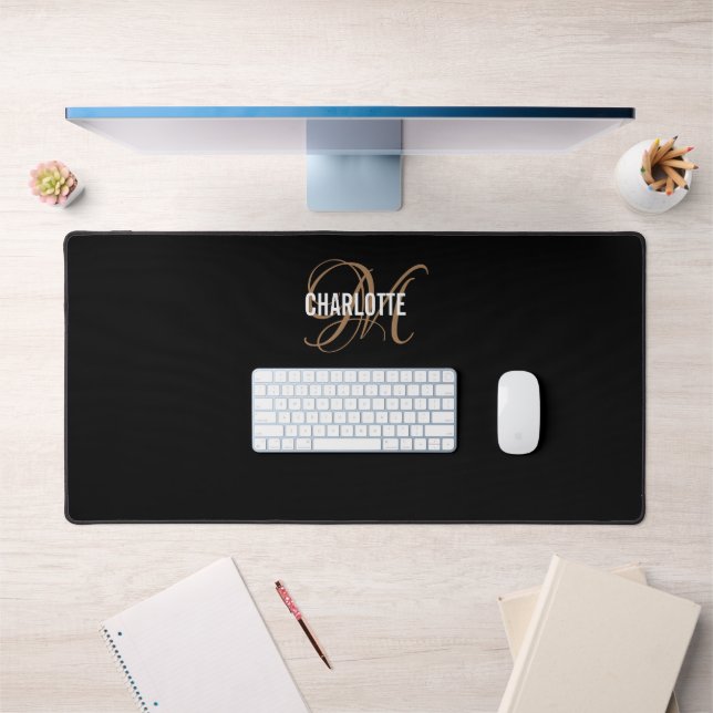 Elegant black gold monogram name desk mat (Office 1)