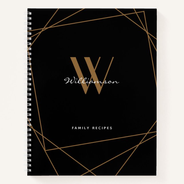 Elegant Black Gold Monogram Name Family Recipe Notebook (Front)