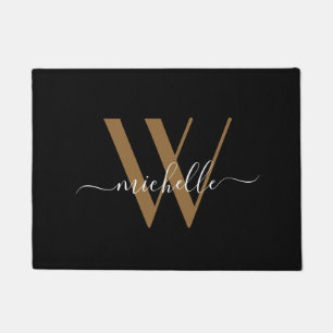 Elegant Black Gold Monogram Name Script Initial Doormat