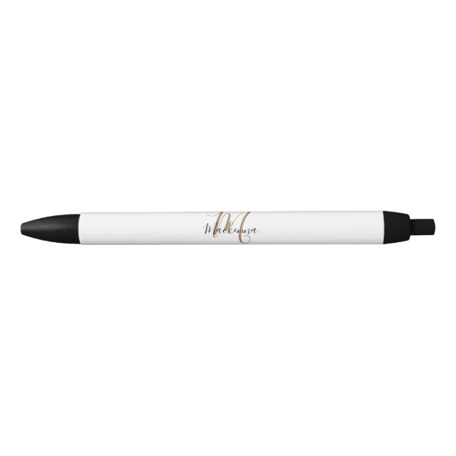 Elegant Black Gold Monogram Name Stylish Script Black Ink Pen (Front)