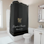 Elegant Black Gold Monogram Names Newlywed Wedding Shower Curtain<br><div class="desc">Elegant Black Gold Monogram Names Newlywed Wedding Shower Curtain. Personalised black, white and gold monogrammed Shower Curtain. Elegant classic script for the initial, the names of the bride and groom and the wedding date on a solid black background. Perfect gift for newly weds, or beautiful for your own bathroom. Click...</div>