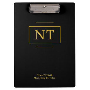 Elegant Black Gold Monogram Office Accessory Clipboard