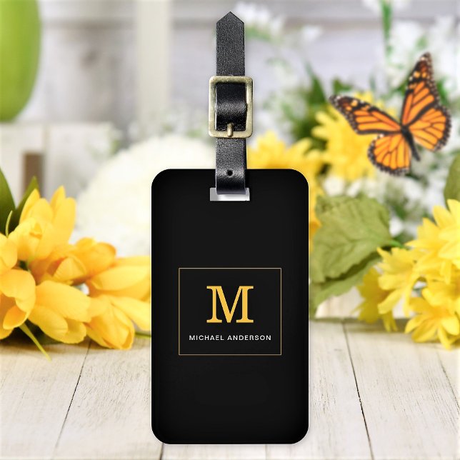 Elegant Black Gold Monogram Personalised Luggage Tag (Creator Uploaded)