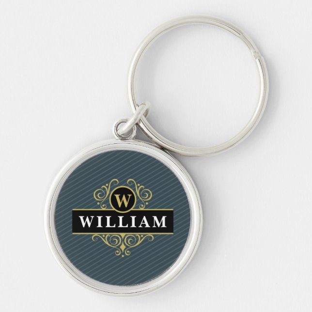 Elegant Black Gold Monogram Pinstripe Key Ring (Front)