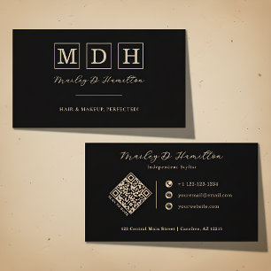 Elegant Black Gold Monogram QR Code Business Card