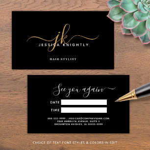 Elegant Black Gold Monogram Script Appointment Card