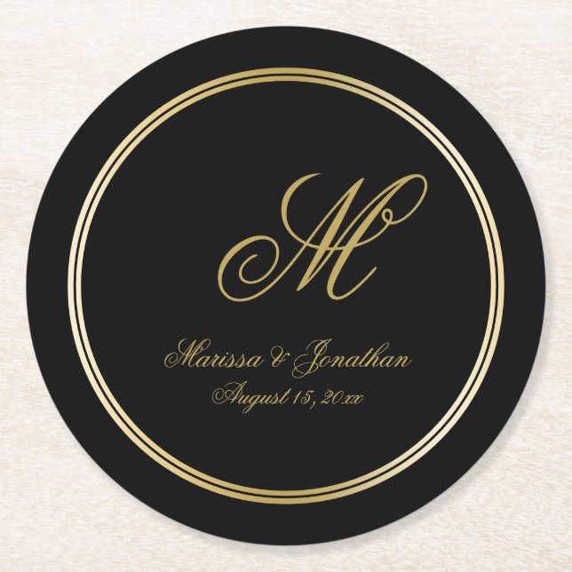 Elegant Black Gold Monogram Script Black Wedding Round Paper Coaster (Front)