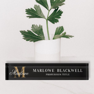 Elegant Black Gold Monogram Script Desk Nameplate