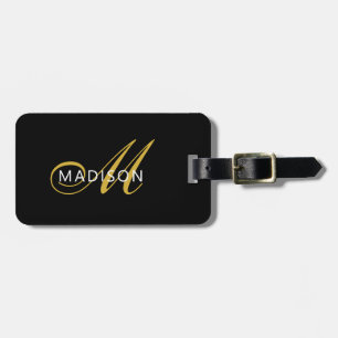 Elegant Black Gold Monogram Script Initial Luggage Tag